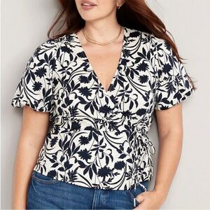 NWT Old Navy Waist-Defined Puff-Sleeve Tie-Wrap Blouse for Women Small Tall